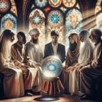 Photo of a serene temple setting, with light filtering through colorful stained glass. A diverse group of people in religious attire, from different faith backgrounds, gather around an ornate crystal ball. Their expressions are contemplative as they look into the ball, symbolizing the intersection of clairvoyance and religion.