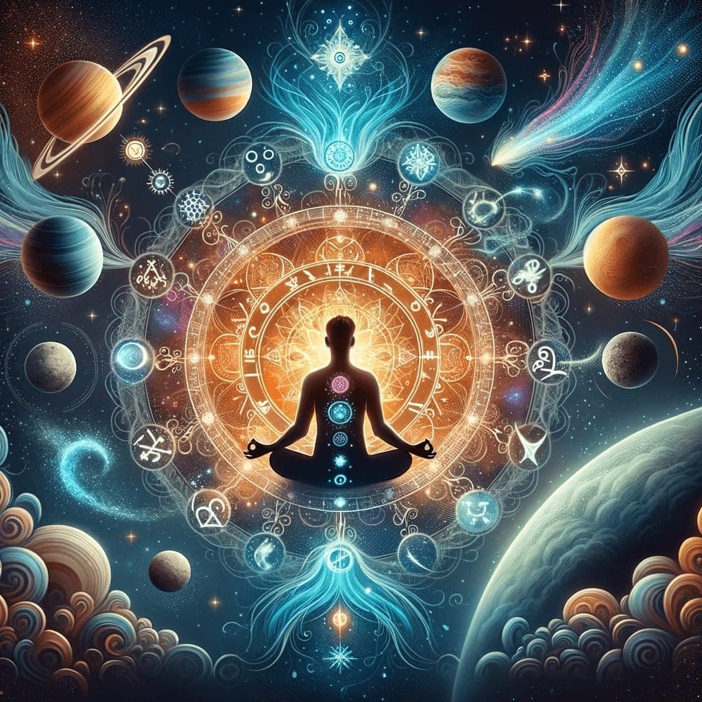 Illustration of a person meditating with cosmic energy flowing around, intertwined with Vedic astrology symbols, planets, and ethereal spiritual elements.